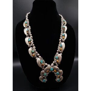 Vintage 1980s Mexico LT Signed Metallic Alloy Turquoise & Tiger Eye